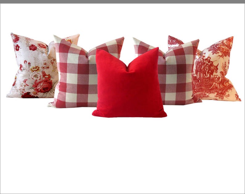 French Country Cottage Italian Toile Cushion Paris Red Ivory Farm Lumbar  pillow