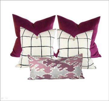 a grouping of 6 pillows on a white background, orchid velvet pillow Coquette pillow and a Bengal Bazaar lumbar pillow in the from