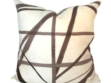 Kelly Wearstler Channesl pillow in color taupe abstract stripe pillow on a white background