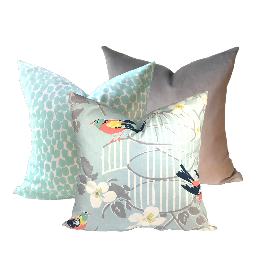 Birdsong Designer Pillow Cover in Colorway Aqua – Evia Mae & Alex ...