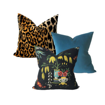 Schumacher Ming Vase Jamil Leopard Velvet pillow in combination on a white background