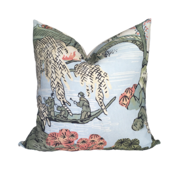 Thibaut Asian Scenic pillow with men in a canoue in blue water. the pillow is on a white background