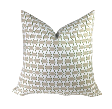 1 thibaut Denver pillow with beige rectangles and green diamond design on white. Pillow is on a white pillow