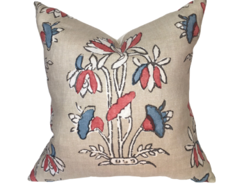 Thibaut Lily Flower pillow, in color sunbaked . Beige pillow with red and blue lilies on white background