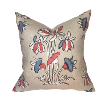 Thibaut Lily Flower pillow, in color sunbaked . Beige pillow with red and blue lilies on white background