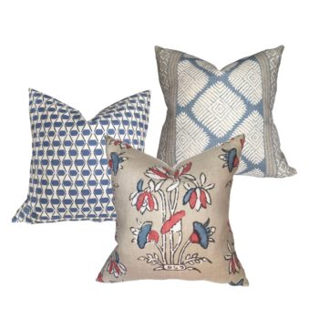 Thibaut Denver, Thibaut Lily Flower and Thibaut Austin pillows over lapping design on a white background