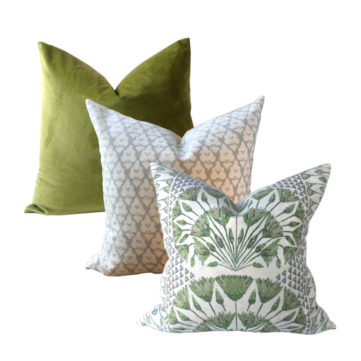 Thibaut Cairo pillow and Thibaut Arboreta and Olive Velvet Pillows on a white background