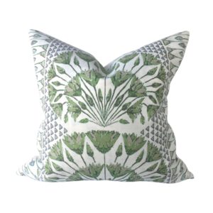 Anne French Thibaut Cairo green and white pillow on a white background