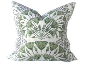 Anne French Thibaut Cairo green and white pillow on a white background